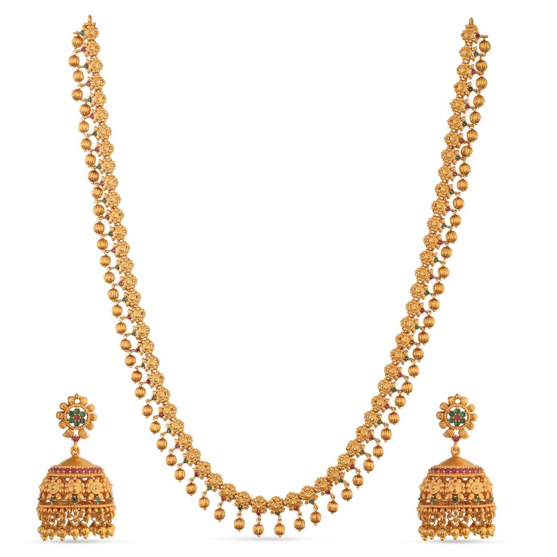 TARINIKA Antique Gold Plated Indian Long Necklace Set for Women with Jhumka, Dangle, Drop Earring Brass Traditional Wedding Desi Jewelry CZ Gemstone Bridal Necklace (Dara Antique) - Image 1